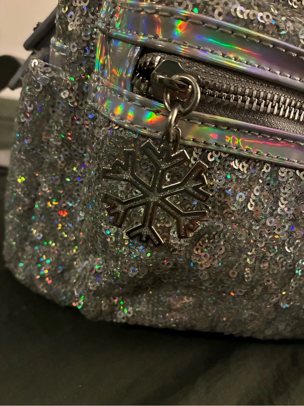 Disney Loungefly Silver Sequin Mini Backpack with Holographic Bow